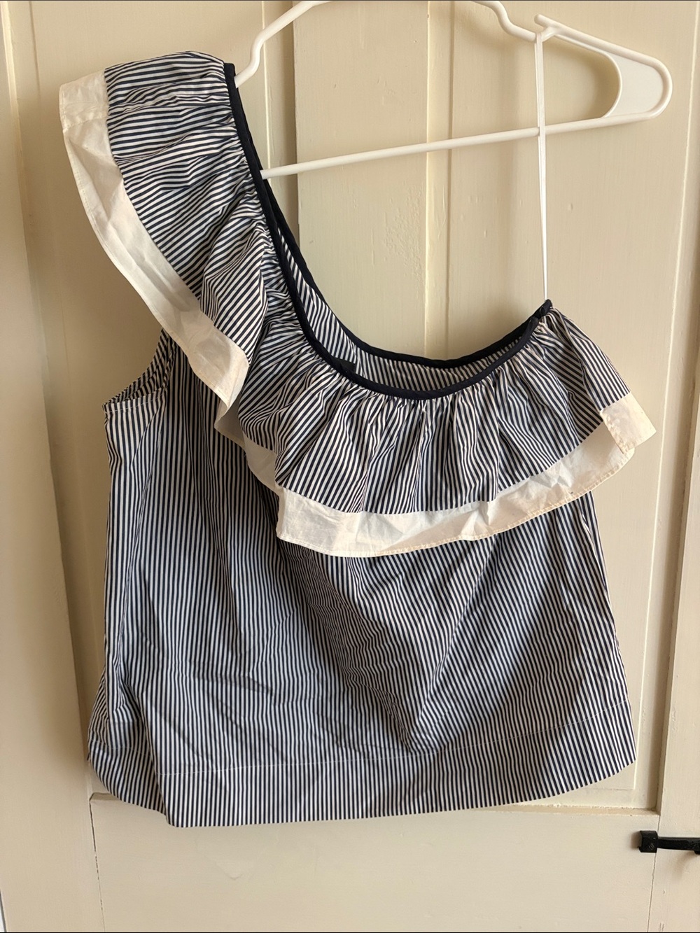 J. Crew Navy & White One-Shoulder Ruffle Tank